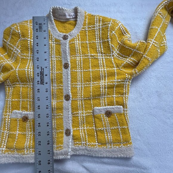 The Knit Couture Womens Yellow White Plaid Crop Cardigan Sweater Button-Front - Picture 9 of 10